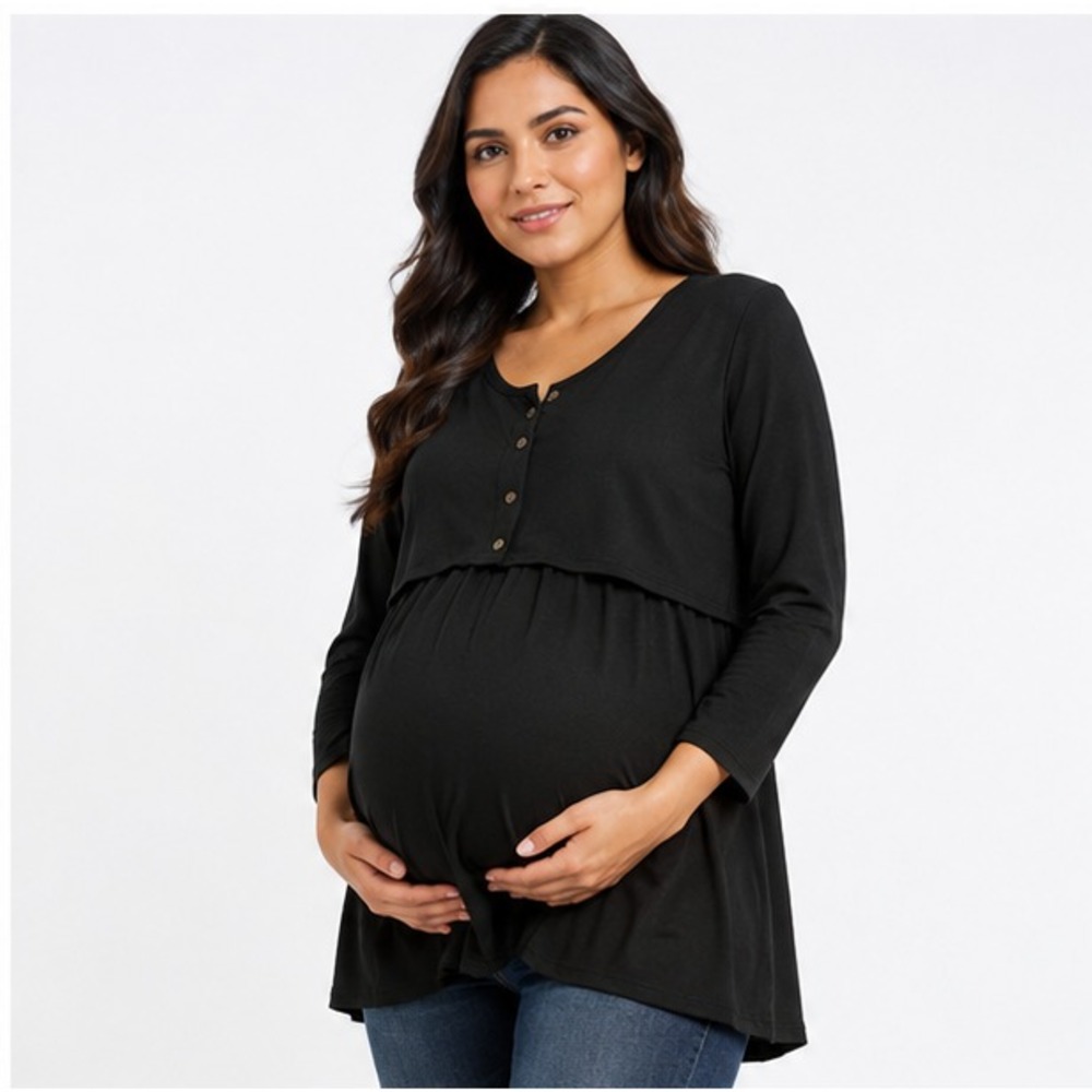 Times Two Maternity Womens Nursing Top Size L Black Double Front 3/4 Sleeve